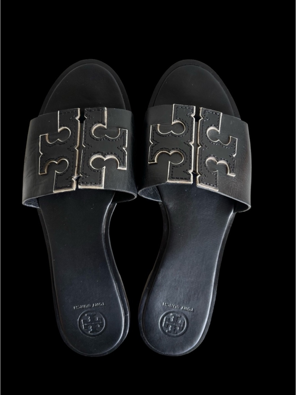 Tory Burch Black Slide Sandals with Silver Logo Trim
